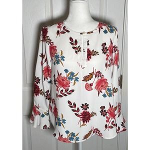 Loft • White Wildflower Long Bell Sleeve Keyhole Neck Blouse Career SP Petite
